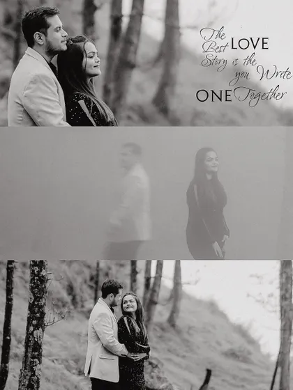 Black and white shots from a pre-wedding shoot in the woods. The text overlay adds a storytelling element, turning the photos into a page from a love story.