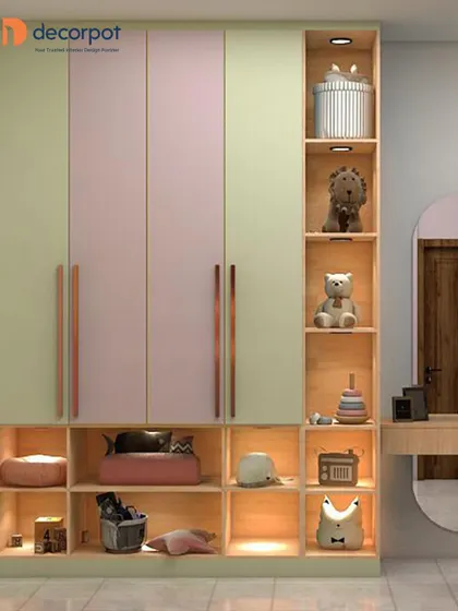 A beautiful hinged wardrobe for a child's room in pastel green and pink. The design incorporates open shelving at different levels, perfect for storing toys, books, and decor items.