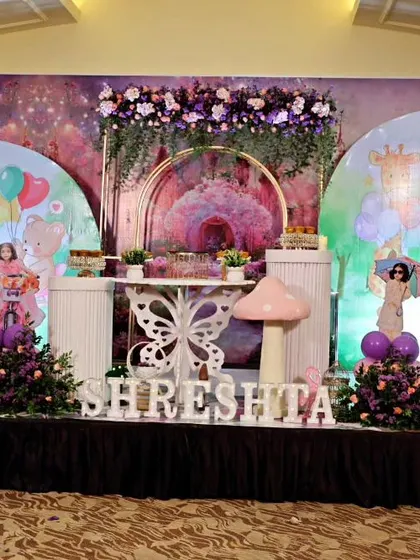 A whimsical and dreamy theme for Shreshta's 3rd birthday. We used a magical forest backdrop, mushroom props, and a beautiful pastel and floral color scheme to create an enchanted setting.