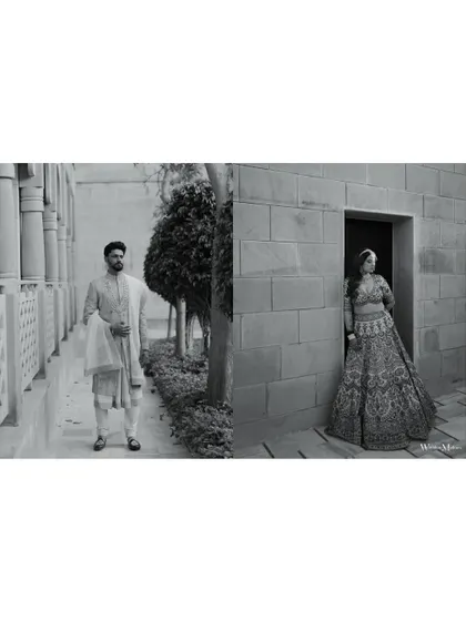 A black and white diptych showing the bride and groom in separate frames, creating a sense of anticipation before their first look.