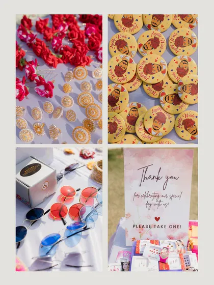 A collage of personalized details from a Haldi and Mehendi, including custom sunglasses, thank you notes, and fun badges for the guests.