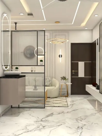 A concept for a long hallway, showing how to create different functional zones. The design includes a wash basin area, a seating nook, and a display cabinet, all tied together with marble flooring and modern lighting.
