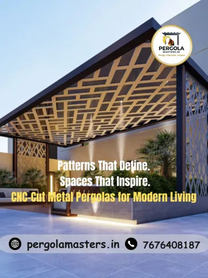 This image showcases a stunning CNC-cut metal pergola, where intricate patterns define the roof and walls. The design offers a unique interplay of light and shade, turning a simple outdoor seating area into an inspiring architectural statement.