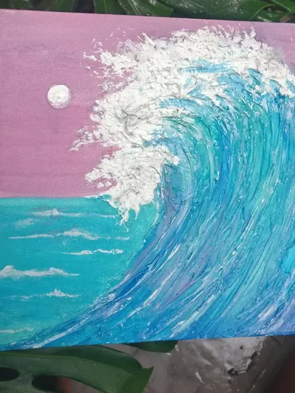 A square canvas painting of a powerful ocean wave under a full moon. I used a thick texture paste to give the wave a dynamic, three-dimensional form.