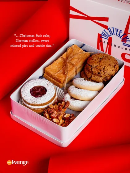 A quote from the Mint Lounge article highlighting my Christmas offerings, including fruit cake, German stollen, sweet minced pies, and cookie tins.