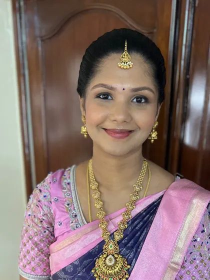 A close-up of Shreya's minimal makeup look for her baby's naming ceremony.