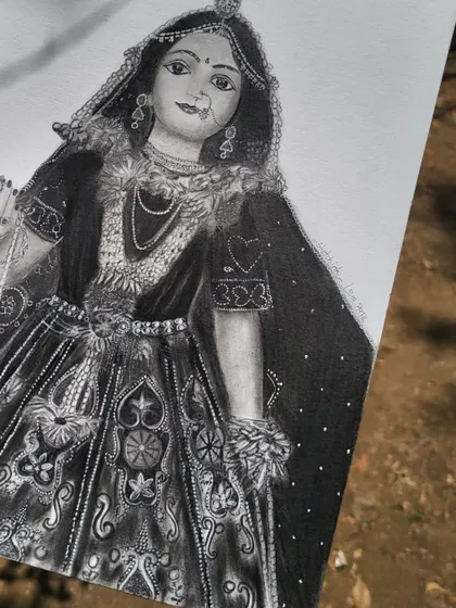 A close-up of the intricate details on Radha Rani's dress and jewelry. I restart sketches if they aren't perfect, and this piece was worth the extra effort.