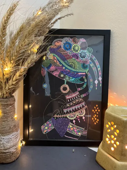 Inspired by the beauty of African art, this piece features a silhouette adorned with colorful, detailed patterns. It's a celebration of culture and feminine strength.