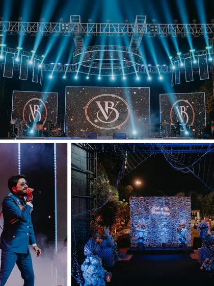 A massive stage setup for a high-impact sangeet night. We use large LED screens for custom monograms and dynamic visuals, complemented by a professional lighting rig to create a concert-like experience.
