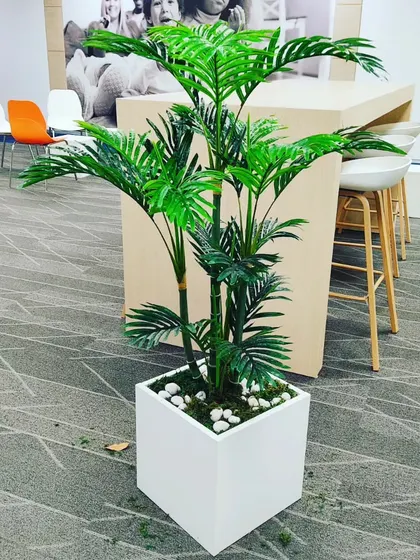 A tall, artificial palm tree in a modern white planter, placed in an office common area. These standalone plants are perfect for filling empty corners and adding a vertical element to the decor.