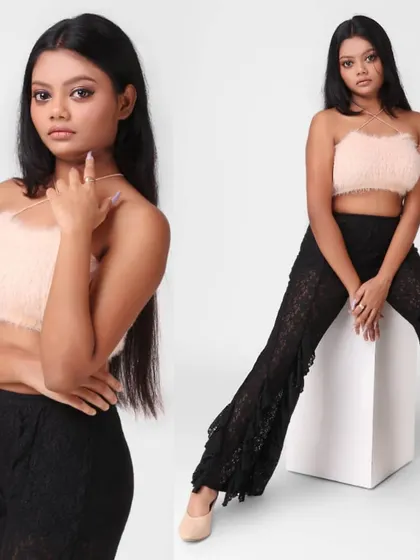 Combining a close-up with a full-body shot in one image provides maximum information for casting directors and brands. This composite shows a model's portrait and her full outfit with lace pants.
