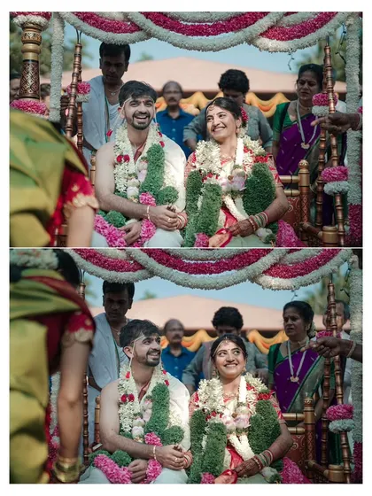 A diptych of the couple on the wedding swing (oonjal), capturing their serene expressions during this beautiful ceremony.