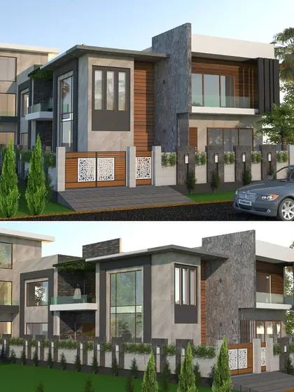 This design for a large villa combines stone cladding, wood paneling, and large glass windows. The goal was to create a home that feels both monumental and connected to its green surroundings.