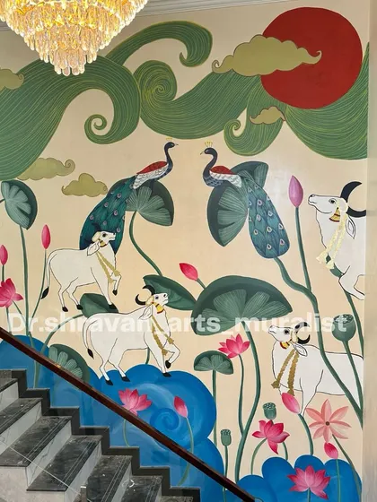 Bringing traditional Indian art to life on a grand scale is a passion of mine. This Pichwai-inspired mural fills a large staircase wall, featuring sacred cows, peacocks, and lotuses. The vibrant colors and classic motifs create a sense of heritage and grandeur.