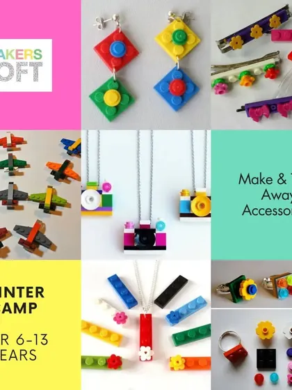 A collage of make-and-take accessories from our Winter Camp, including jewelry and mini airplanes.