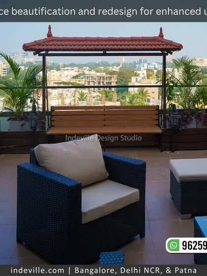A comfortable outdoor lounge setup on a spacious terrace. The combination of a wicker armchair, ottoman, and a covered swing bench provides multiple seating options for relaxation and socializing.