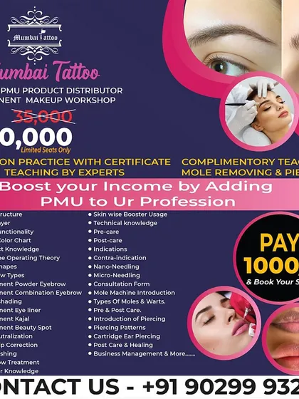 Our Permanent Makeup workshop is designed to help you boost your income. This poster gives you all the details, from the curriculum covering skin structure and micro-shading to the special pricing. We even include complimentary training on mole removal and piercing.