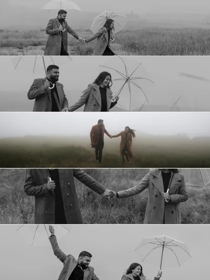 A series of black and white cinematic strips from the Meghalaya shoot. These images highlight the romantic, moody atmosphere of the location, focusing on the couple's interactions with each other and the foggy landscape.