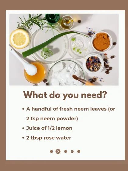 An ingredient list for my DIY Neem and Lemon Scalp Cleansing Mask. This simple mix of neem, lemon juice, and rose water is perfect for detoxing an oily scalp and fighting dandruff naturally.