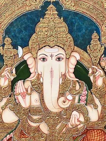 The soul of a Mysore painting lies in the serene, lifelike expression of the deity. This close-up of Lord Ganesha highlights the meticulous detail and skill we use to capture a face that radiates peace and wisdom.