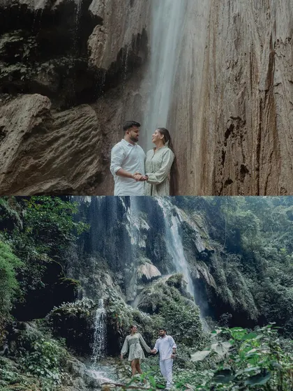 A pre-wedding shoot set against a stunning waterfall, capturing the couple in a lush, natural environment that feels both adventurous and romantic.