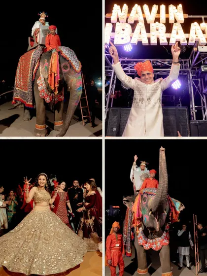 A collage from a grand Jaipur wedding, featuring a baraat with an elephant, a dancing bride, and a groom on a majestic floral carriage.