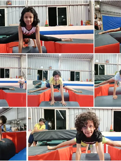 This collage shows our students working on their splits using soft blocks. This is a great way to practice over-splits and improve overall hip flexibility in a safe and controlled manner.