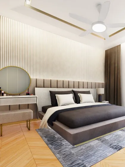 Concept for the master bedroom in the 2500 sqft apartment. We used a combination of a vertically fluted feature wall, a plush upholstered bed, and elegant brass accents to create a serene and luxurious retreat.