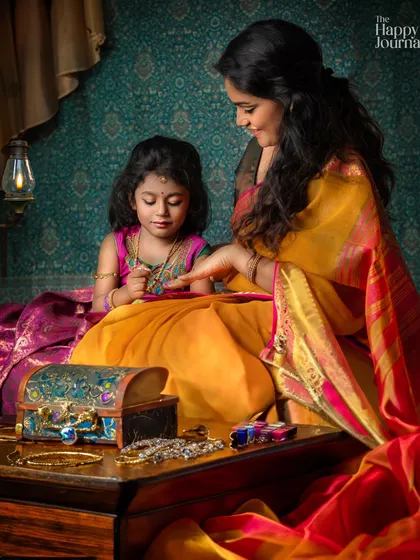 A mother and daughter share a special moment, looking at a treasure box of jewelry. This traditional, artistic photo tells a story of heritage being passed down.