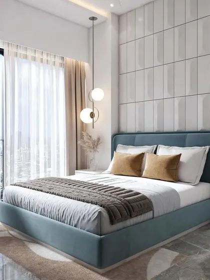 A 3D render of a stylish bedroom for a teenager, featuring an MDF panel bed back, a sleek TV wall with subtle grooves, and a wardrobe with a dedicated shoe collection space.