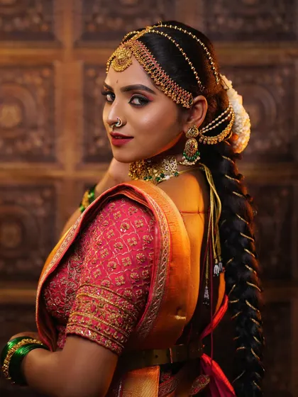 A view of the back, showcasing the detailed embroidery of the blouse and the traditional braided hairstyle. Even the back of the bride is styled to perfection.