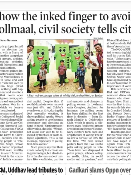 The Times of India covered the city-wide movement by civil society groups, including our Rann Samar campaign, to "Show the inked finger". We used posters and a procession to urge people to vote, especially in South Mumbai where the turnout has been historically low.