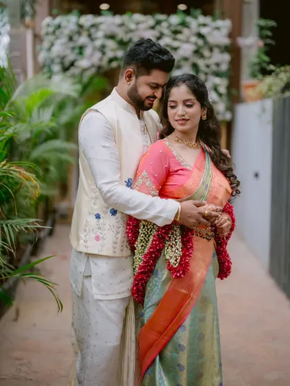 A classic couple portrait of Gayatri and Saurabh, capturing their elegance and connection.