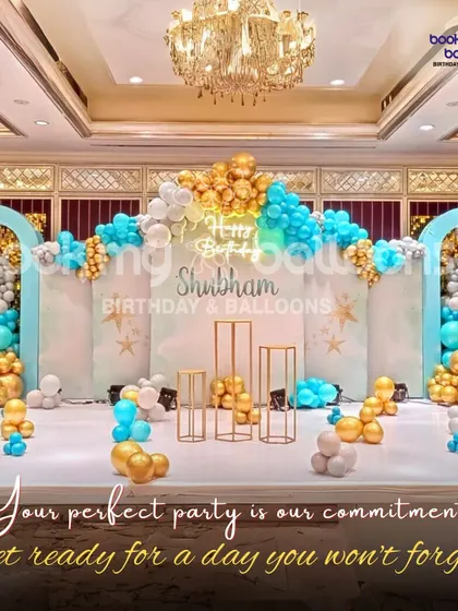 This elegant blue and gold setup for Shubham's birthday is a testament to our commitment. Your perfect party is our goal, and we work to make it a day you won't forget.