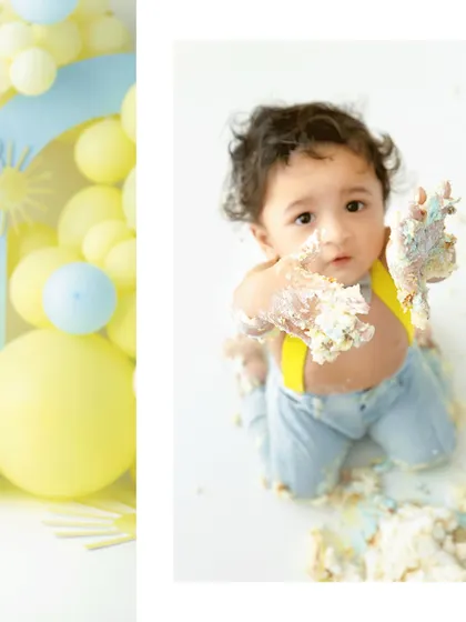 A close up on the delightful mess! Frosting covered hands are a hallmark of a successful cake smash. I love capturing these tactile details that tell the story of their first taste of birthday cake.