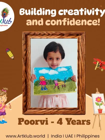 Four-year-old Poorvi proudly displays her charming drawing, showing how our classes help build creativity and confidence from the very beginning.