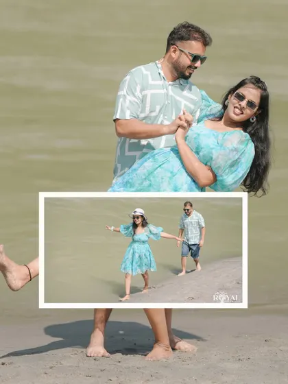 A creative and playful shot of a couple on the beach, with the main photo showing a dance-like pose.