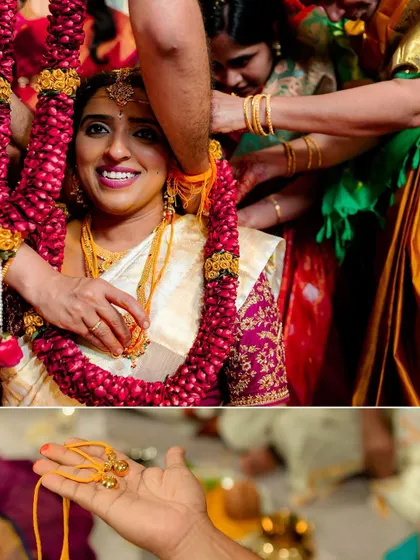 A collage showing the 'Mangalsutra' or 'Thali' tying ceremony, a pivotal and emotional moment in a South Indian wedding.