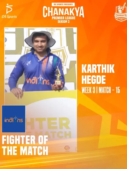 Karthik Hegde, the Fighter of the Match from Week 3. This award recognizes players who show incredible determination.