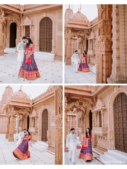 A collage showcasing a couple's shoot at a stunningly intricate temple, blending romance with architectural beauty.