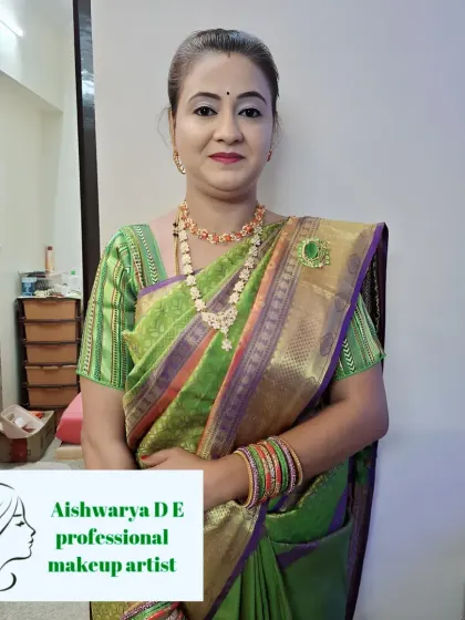 Simple yet elegant makeup for a family function. I used a soft touch to enhance her features, pairing it with her beautiful green and gold saree for a cohesive, traditional look.