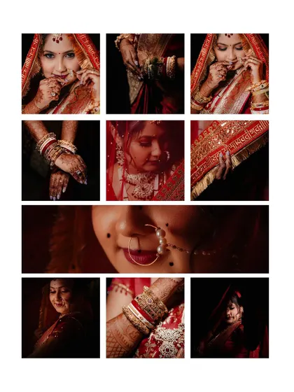 A grid collage of close-up shots of the bride, focusing on her hands, jewelry, and expressions, creating a detailed bridal story.