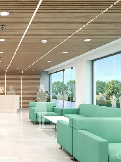This rendering of the Rama Hospital waiting area demonstrates how we use large windows to incorporate natural light and views. The use of a soft green color palette and wood finishes creates a calming and healing environment.