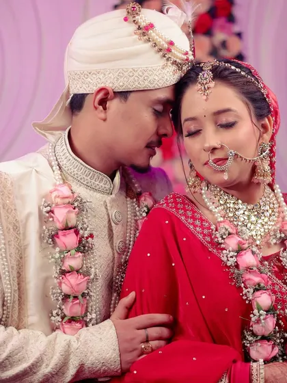 A serene and romantic portrait of the couple, capturing a quiet moment of togetherness.