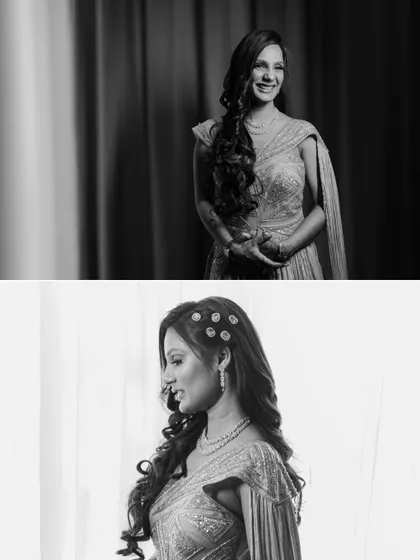A collage of black and white portraits of Simran from her Roka ceremony. It showcases her beauty and elegance from different angles, creating a classic and artistic collection.