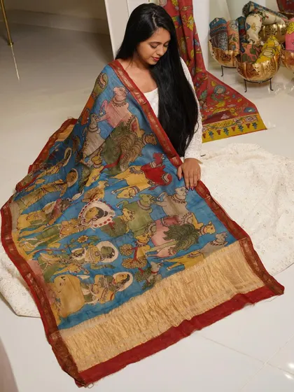 This is a glimpse into my Kalamkari Edition, featuring a wide array of hand-painted dupattas and fabrics from the Indralokam series. Each piece is a unique story, available for you to customize into your dream outfit.