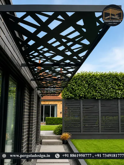 A modern carport with a unique, abstract laser-cut roof design. This structure proves that functional spaces like carports can also be architectural highlights of a home's exterior.