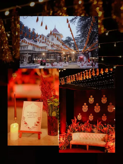 A collage of the decor from a Qawali night. The red and gold theme, candles, and traditional motifs create a rich and royal ambiance.