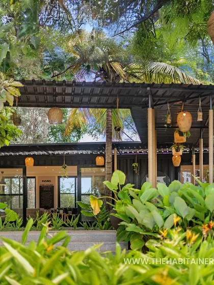 Surrounded by tropical foliage, this container office feels like a tranquil oasis. The design uses dark-colored containers and natural wood elements to blend seamlessly into the verdant landscape.