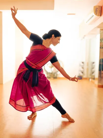 Dancing to Rabindranath Tagore's song 'Momo Chitte' in the studio. The song speaks of life's dualities, like birth and death, dancing side by side in rhythm.